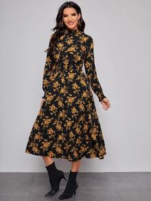 SHEIN Mock Neck Shirred Detail Floral Dress - Multicolor - View 5