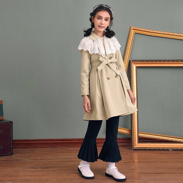 

Girls Peter Pan Collar Self Belted Coat, Khaki