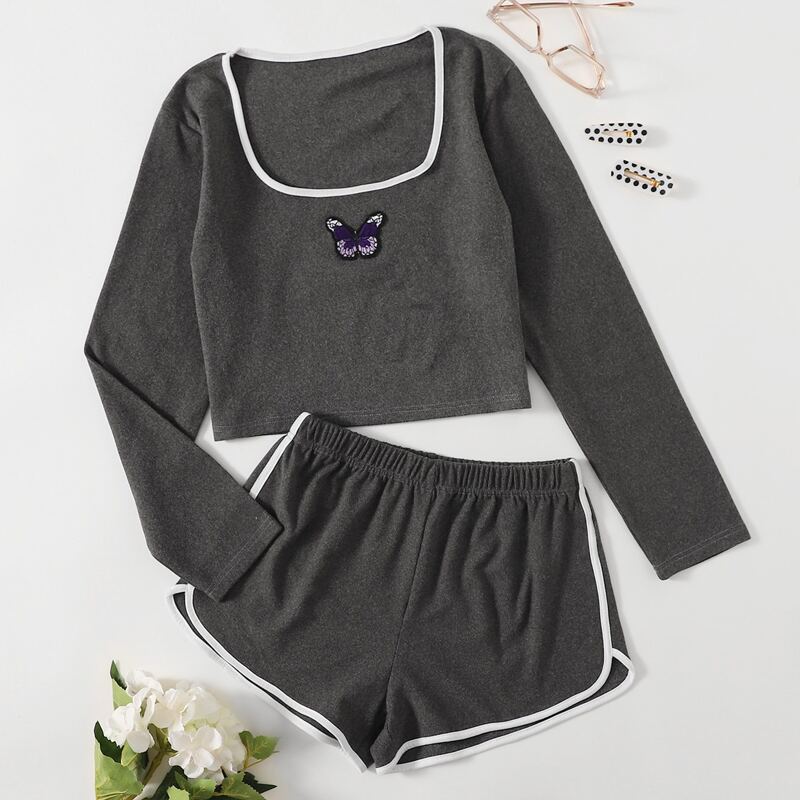 

Butterfly Embroidery Shorts Lounge Set, Dark grey
