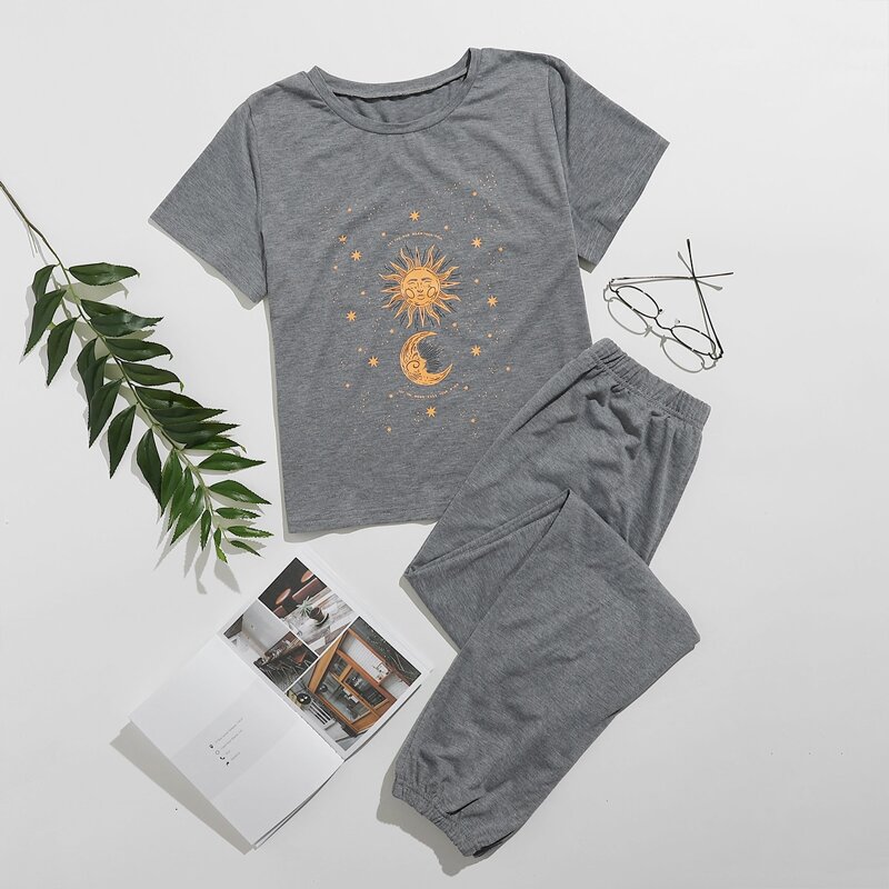 

Sun & Moon Graphic PJ Set, Grey