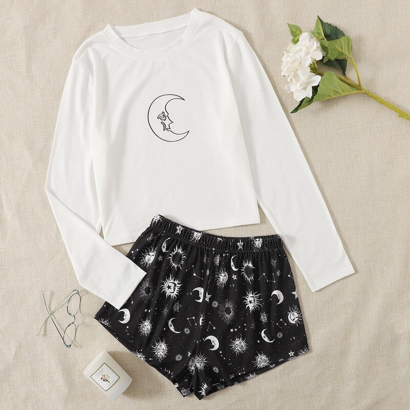

Sun & Moon Graphic Shorts PJ Set, Black and white