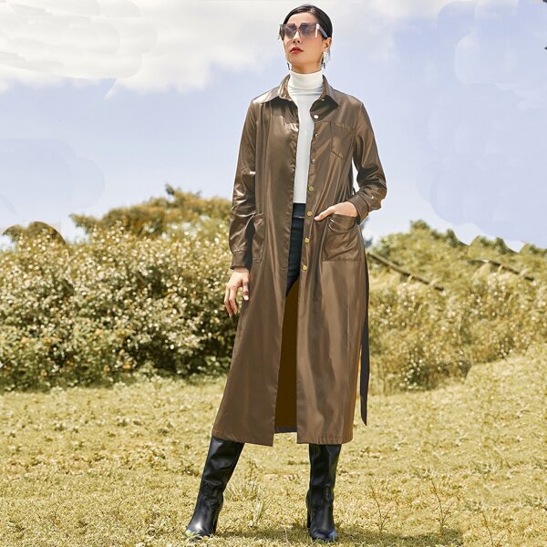 

Pocket Front Button Up Belted PU Leather Coat, Khaki