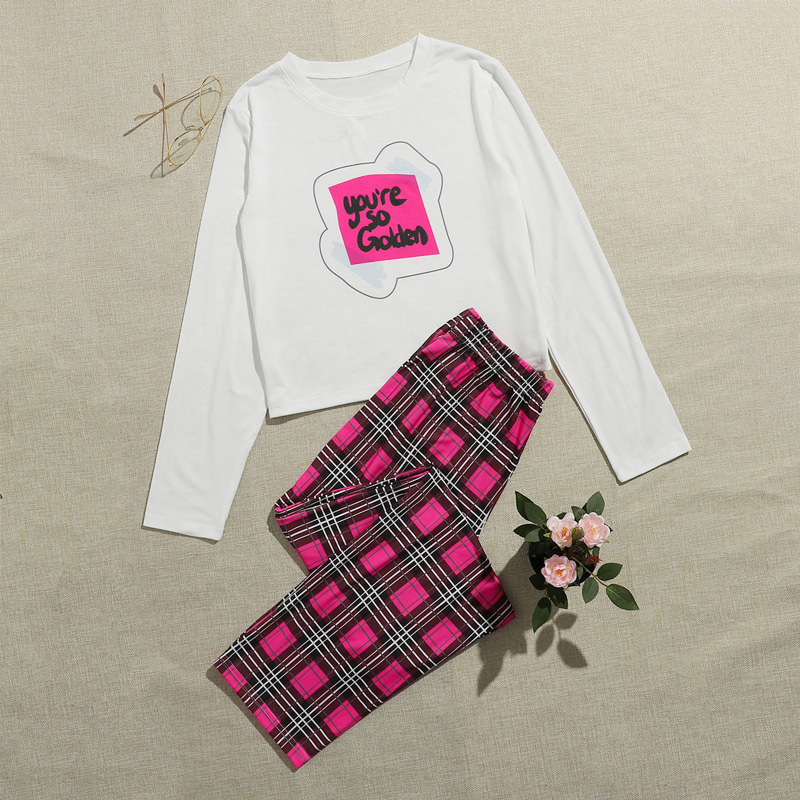 

Slogan Plaid Pants PJ Set, Multicolor