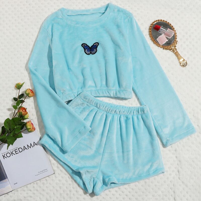 

Butterfly Embroidery Shorts PJ Set, Mint blue