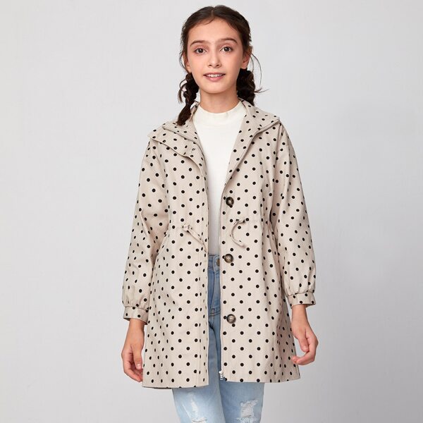 

Girls Drawstring Waist Polka Dot Coat, Apricot