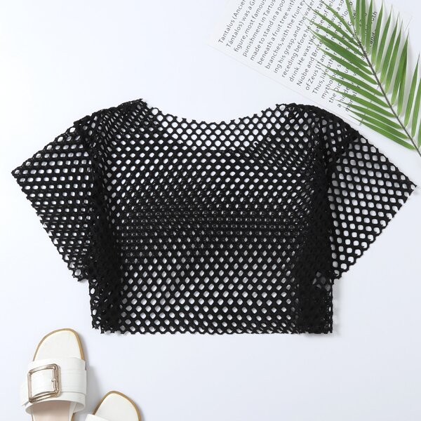 

Hollow-out Fishnet Cover Up Top, Black