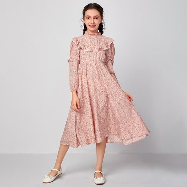 

Girls Peter Pan Collar Lace Trim Ditsy Floral Dress, Pink pastel