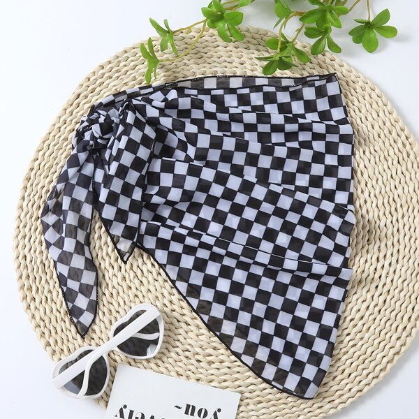 

Checkered Chiffon Cover Up Skirt, Black and white