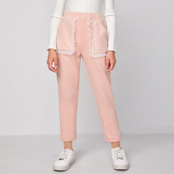 

Girls Mesh Frill Trim Slant Pocket Joggers, Pastel coral pink