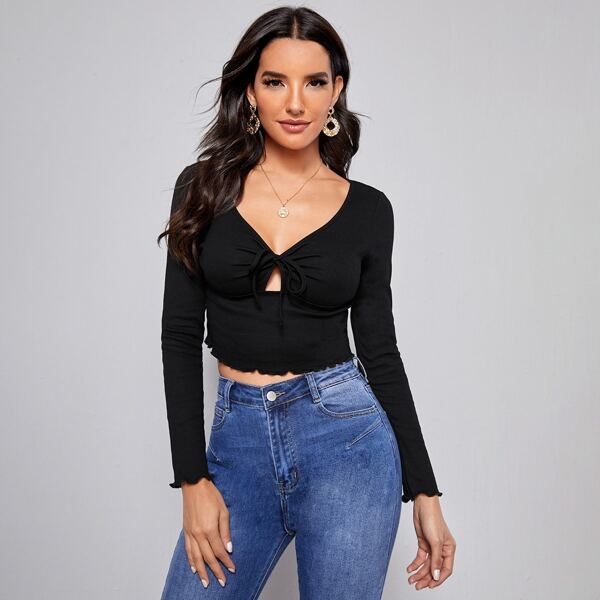 

Tie Front Peekaboo Lettuce Edge Tee, Black