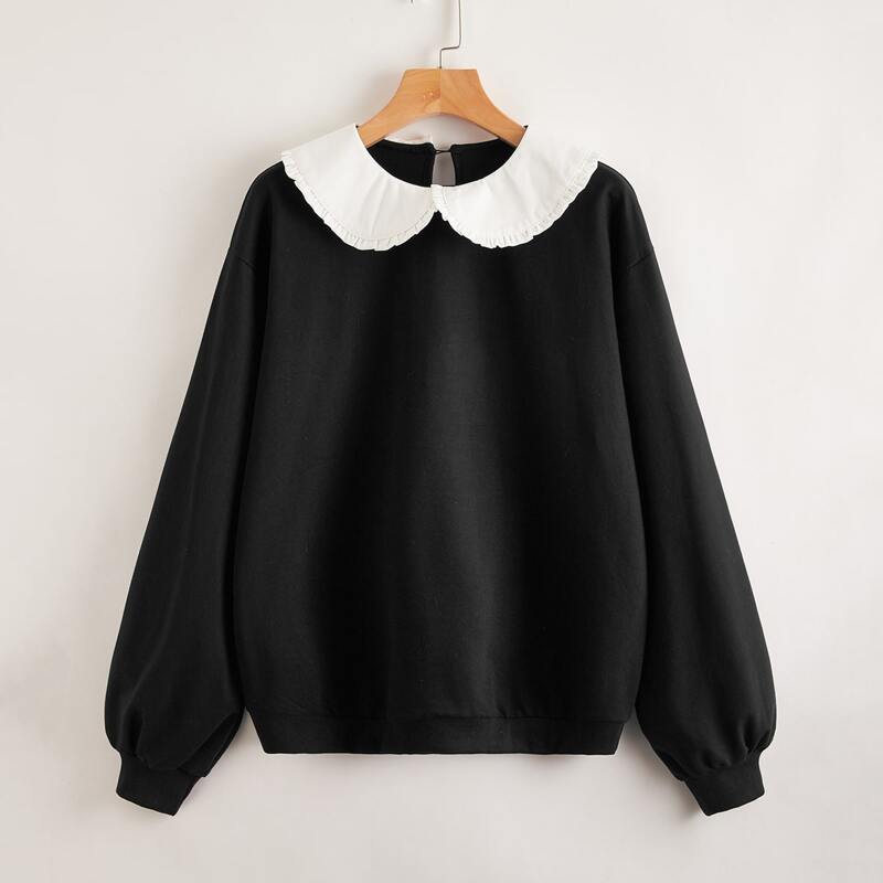

Peter Pan Collar Drop Shoulder Sweatshirt, Black