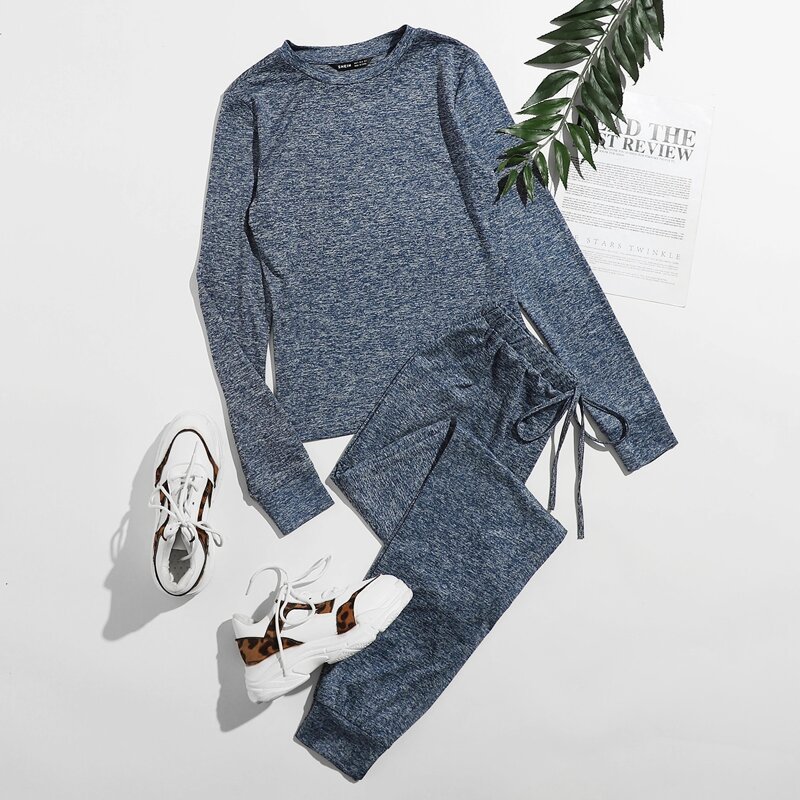 

Marled Top & Knot Waist Pants Set, Blue