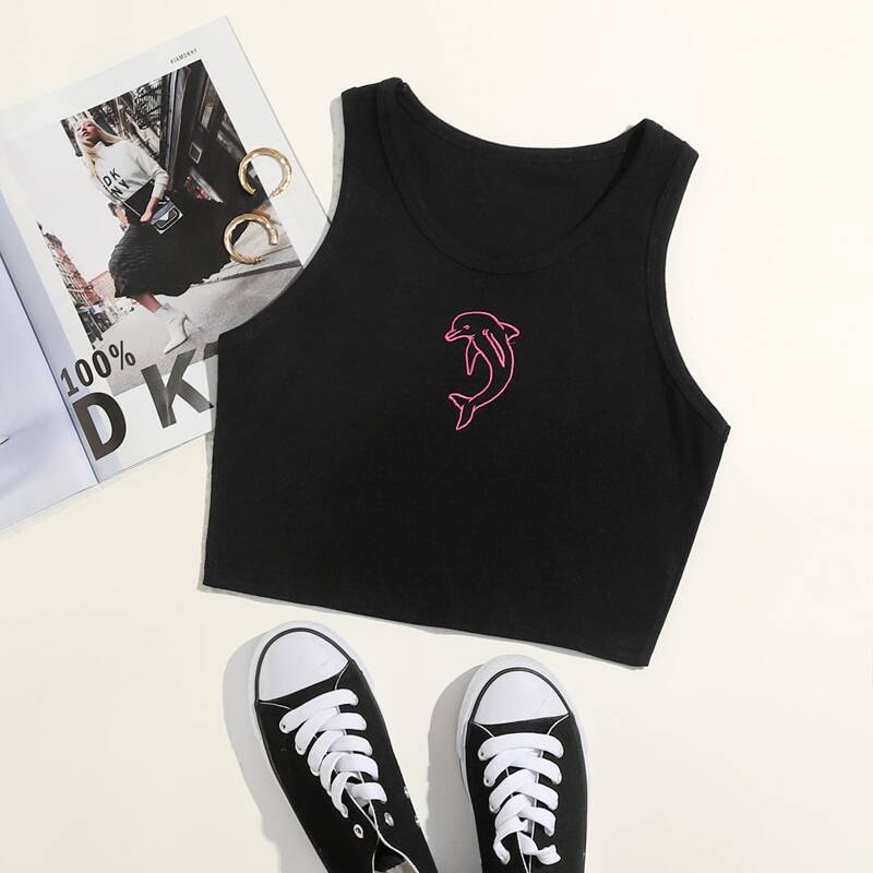 

Dolphin Embroidery Crop Tank, Black