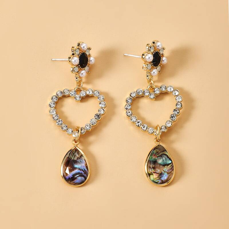 

Rhinestone Heart Waterdrop Earrings, Gold