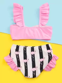 Young Girl Flamingo & Striped Ruffle Bikini Set Summer Beach - Multicolor - View 2