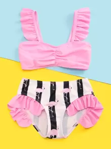 Young Girl Flamingo & Striped Ruffle Bikini Set Summer Beach - Multicolor - View 5