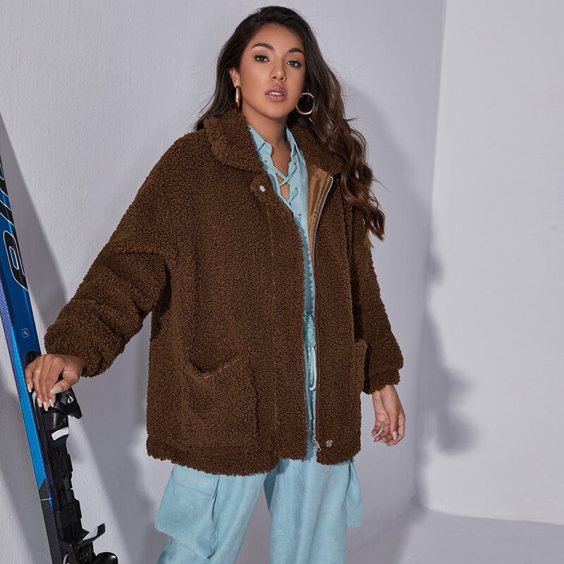 

Patch Pocket Zip Up Teddy Jacket, Chocolate brown