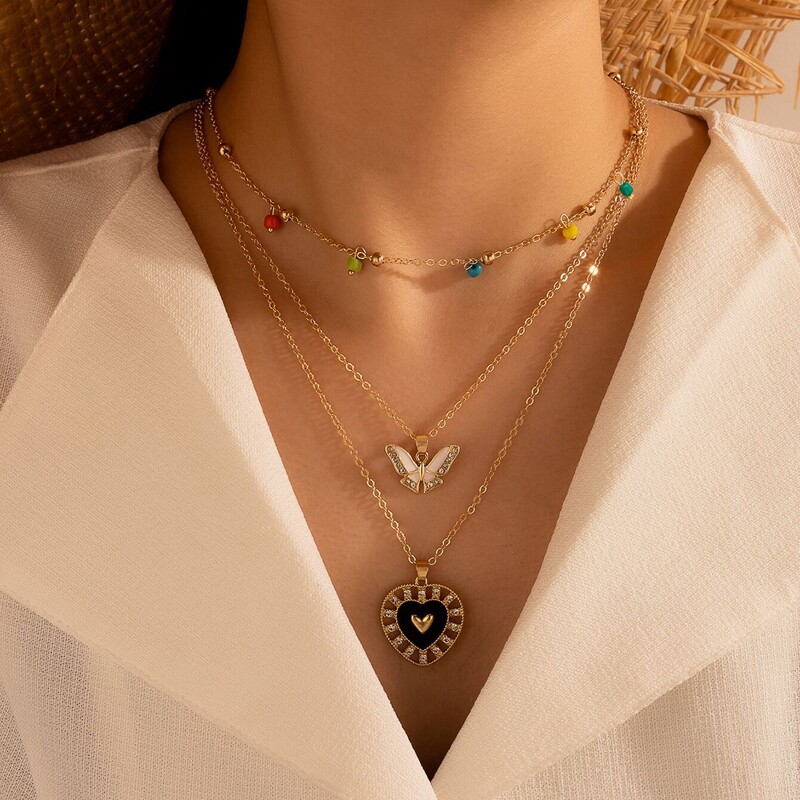 

Rhinestone Butterfly & Heart Layered Necklace, Gold