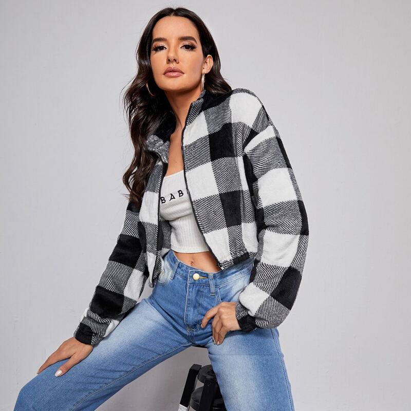 

Drop Shoulder Buffalo Plaid Flannel Jacket, Black and white