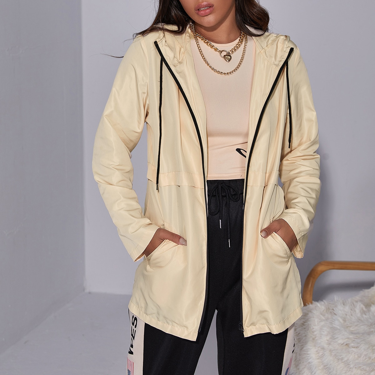 Image of Slant Pocket Zip Up Drawstring Hoodie