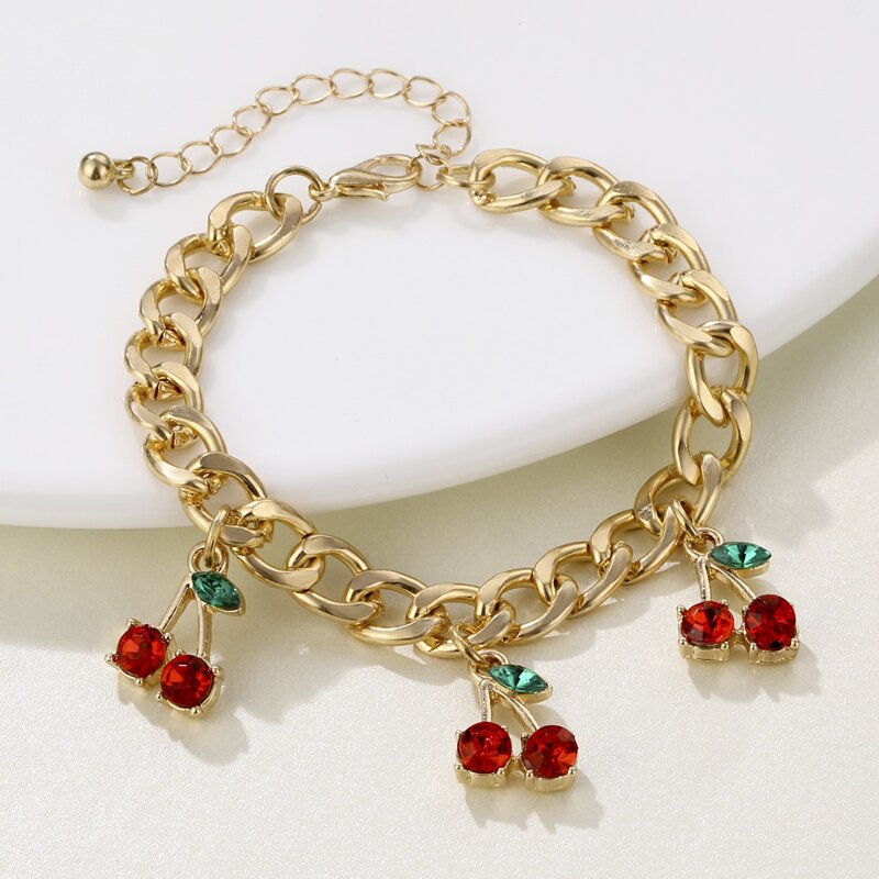 

Rhinestone Cherry Chain Bracelet, Gold