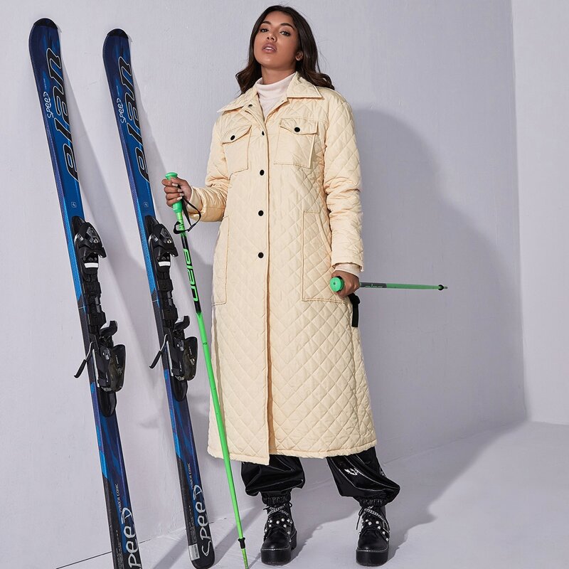

Button Front Patch Pocket Padded Coat, Apricot