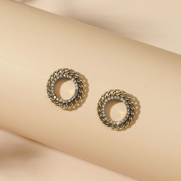 

Rhinestone Decor Chain Round Stud Earrings, Gold