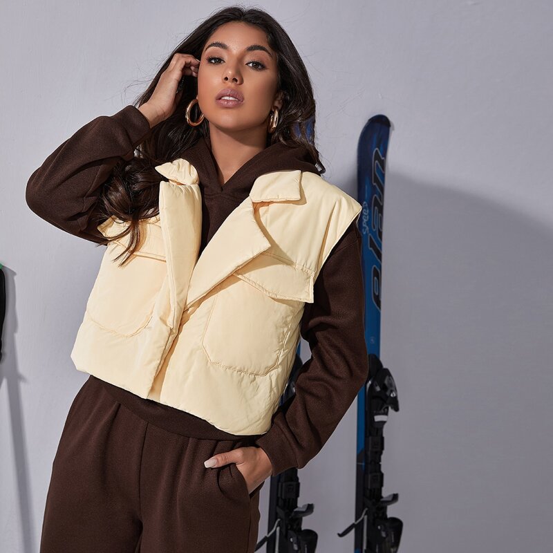

Singe Button Patch Pocket Puffer Vest Jacket, Apricot