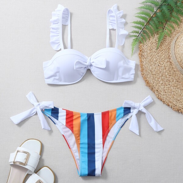 

Colorful Striped Ruffle Trim Underwire Bikini Swimsuit, Multicolor