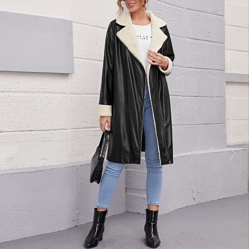 

Sherpa Lined Zip Up PU Leather Coat, Black