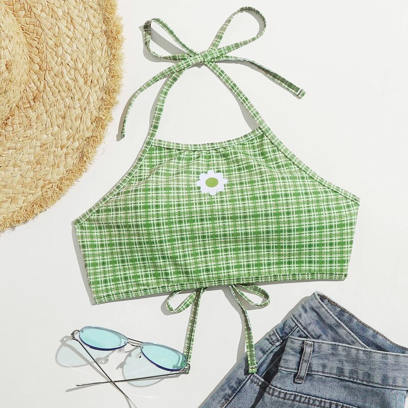 

Floral Plaid Halter Bikini Top, Green