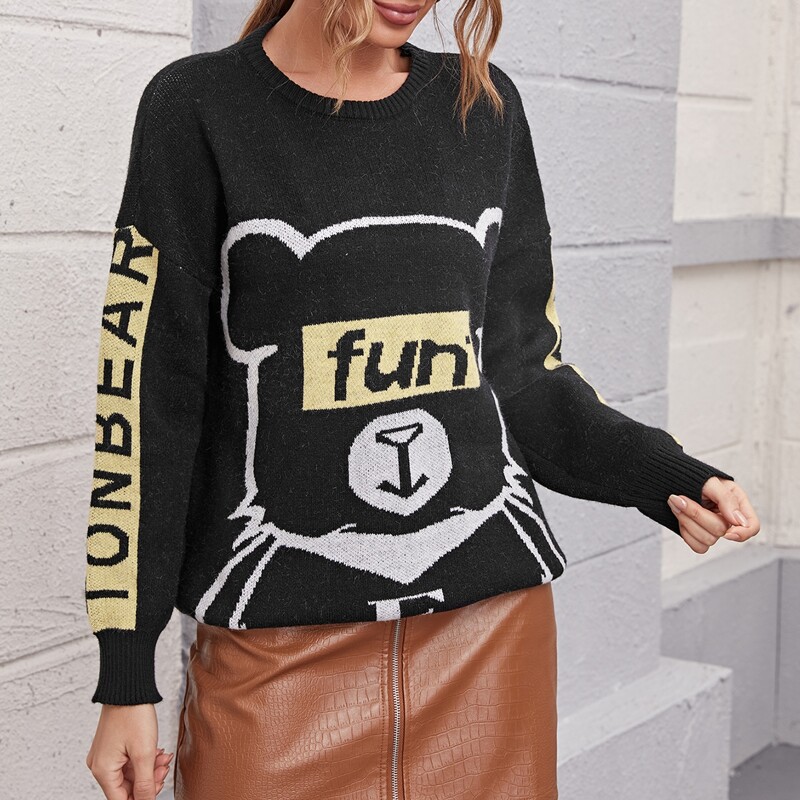

Drop Shoulder Letter & Cartoon Bear Graphic Sweater, Black