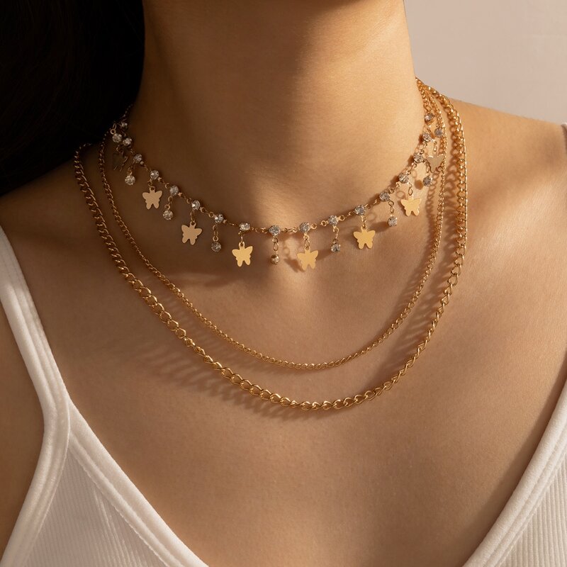 

Rhinestone Butterfly Layered Chain Necklace, Gold