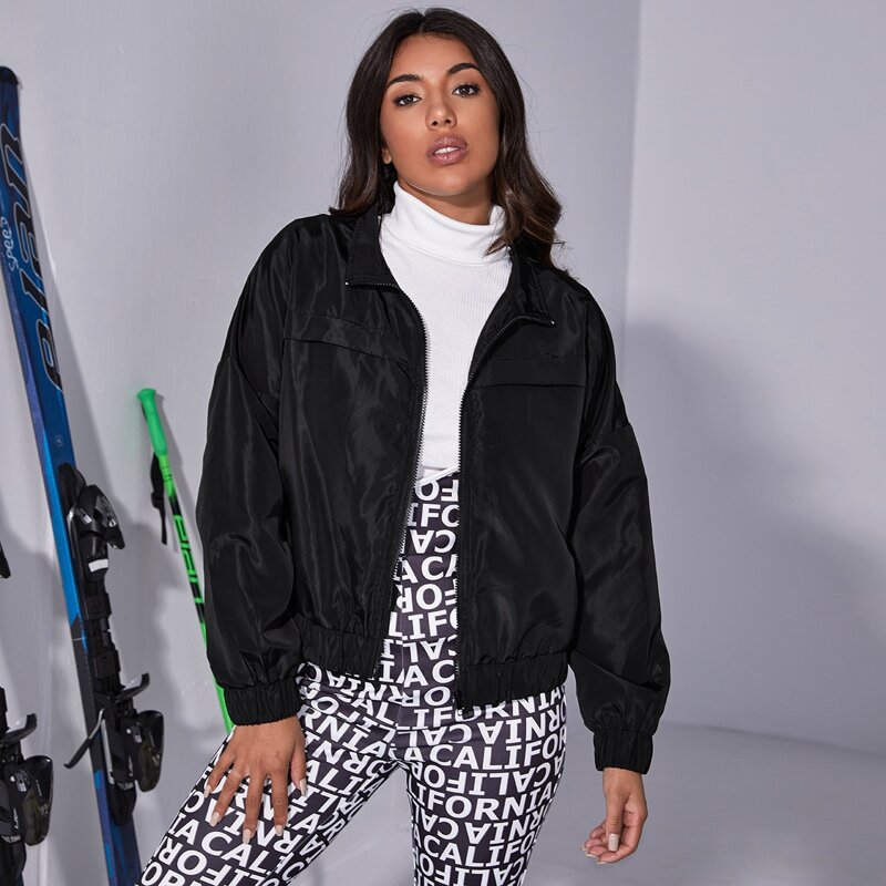 

Drop Shoulder Zip Up Windbreaker Jacket, Black
