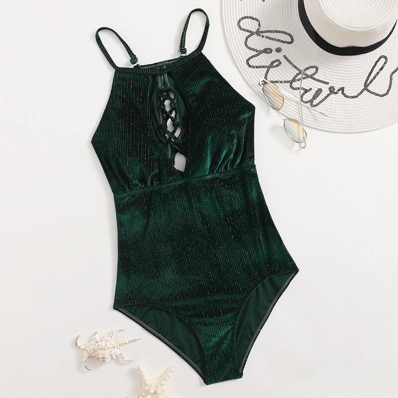 

Christmas Velvet Solid Cut Out One Piece Swimsuit, Dark green