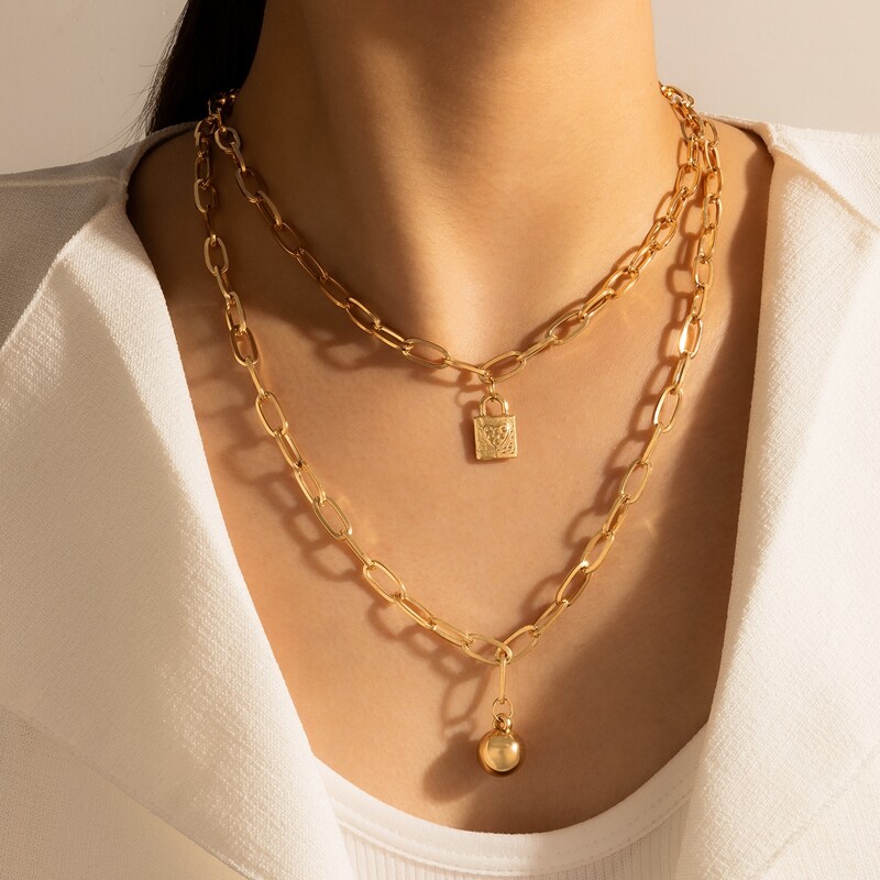 

Lock & Ball Layered Chain Necklace, Gold