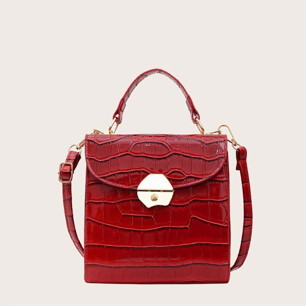 

Croc Embossed Satchel Bag, Red