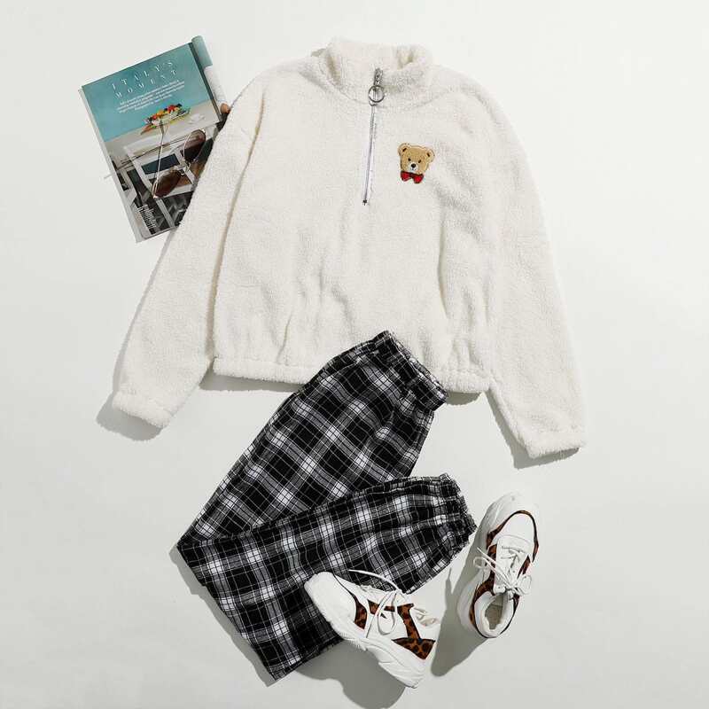 

Cartoon Bear Graphic Plaid Pants PJ Set, Multicolor