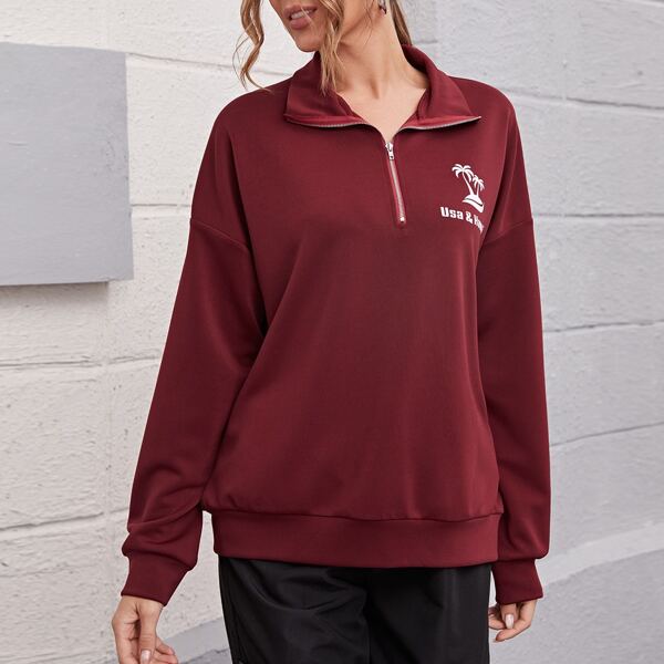

Half Zip Letter & Plants Graphic Sweatshirt, Burgundy