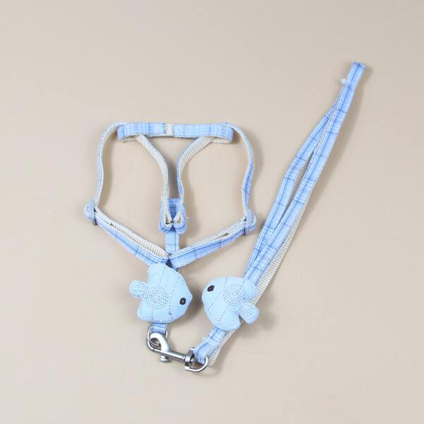 

1pc Fish Decor Plaid Dog Harness & 1pc Dog Leash, Blue