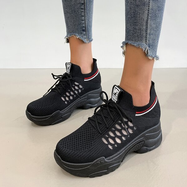 

Lace Up Decor Knit Hidden Wedge Sneakers, Black