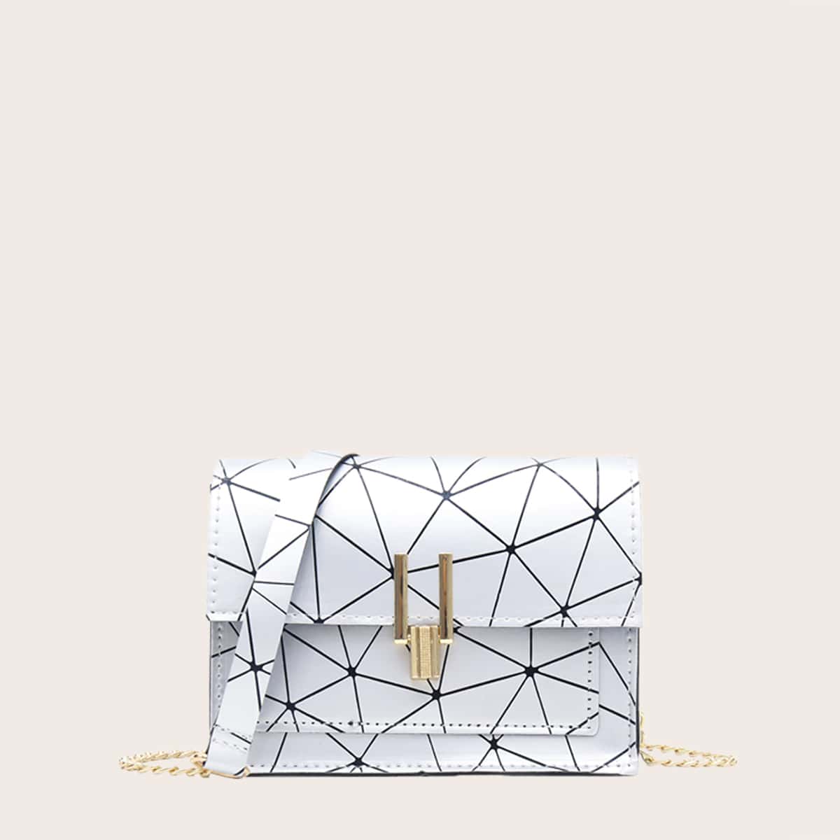 

Geometric Pattern Flap Chain Bag, Silver