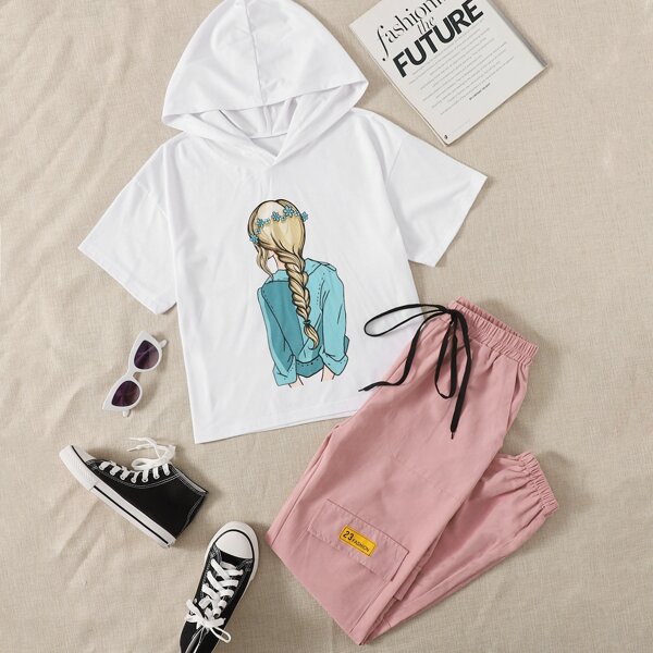 

Cartoon Figure Print Tee & Cargo Pants, Multicolor