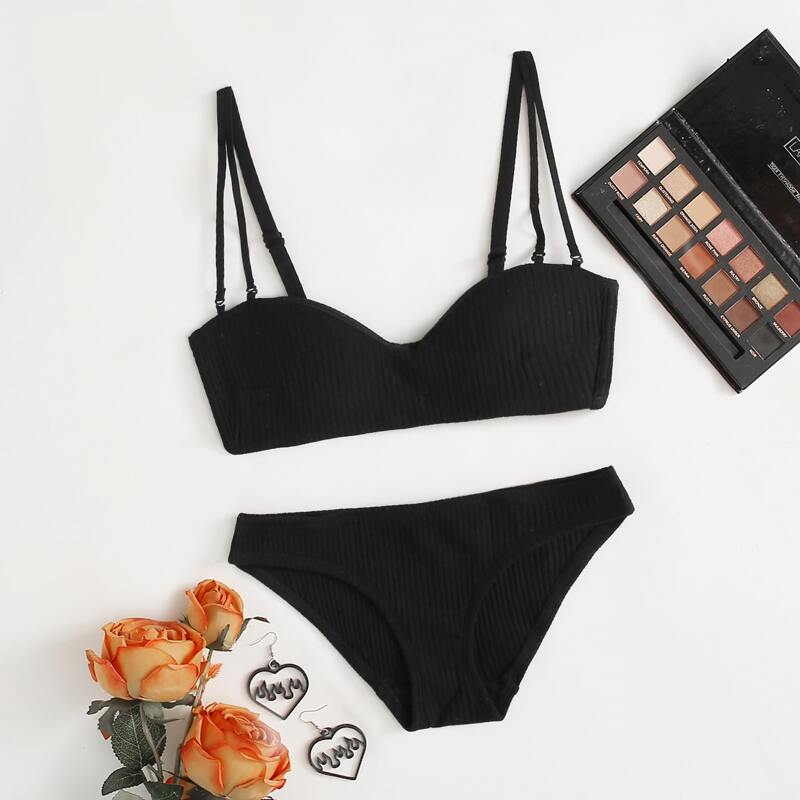 

Solid Ribbed Lingerie Set, Black
