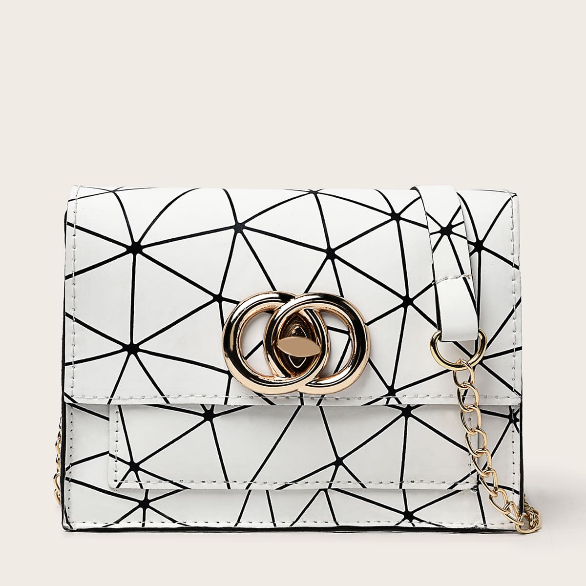 

Geometric Pattern Flap Chain Bag, White