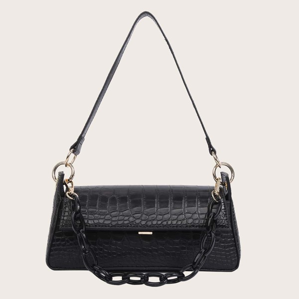 

Chain Decor Croc Embossed Shoulder Bag, Black