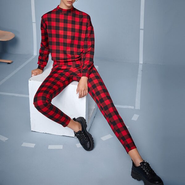 

Gingham Print Drop Shoulder Sweatshirt With Pants, Multicolor