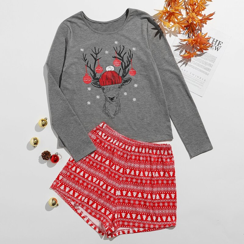 

Christmas Deer Print PJ Set, Multicolor