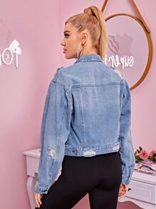 SHEIN Flap Detail Ripped Detail Denim Jacket - Light Wash - View 2