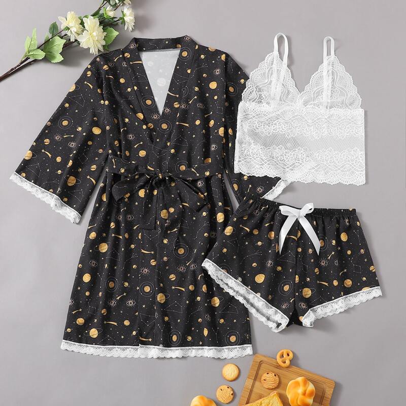 

3pack Lace Trim Galaxy Lingerie Set & Belted Robe, Multicolor